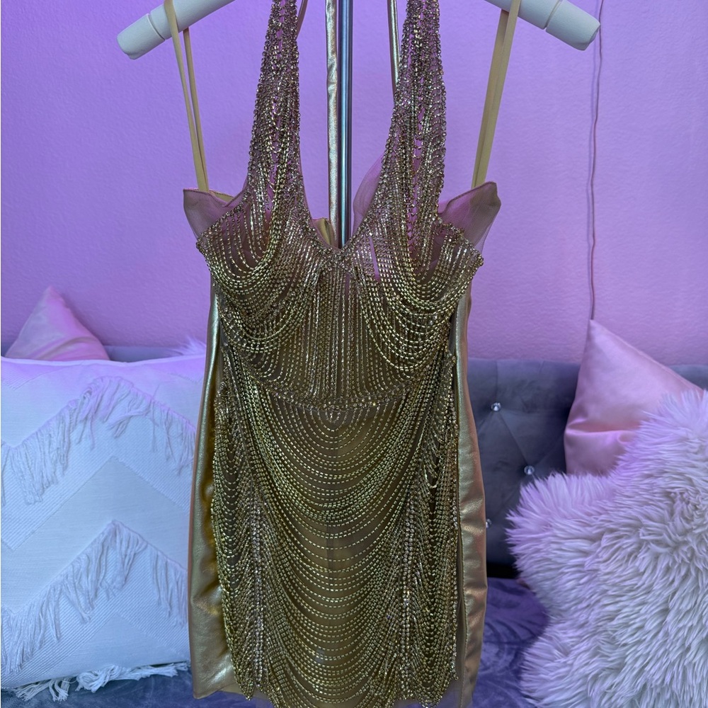 Gold Beaded Halter Dress